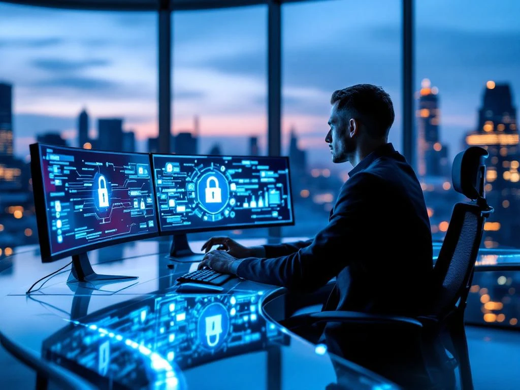 Cybersecurity analyst reviewing quantum encryption algorithms on multiple monitors in modern office with city skyline at dusk.