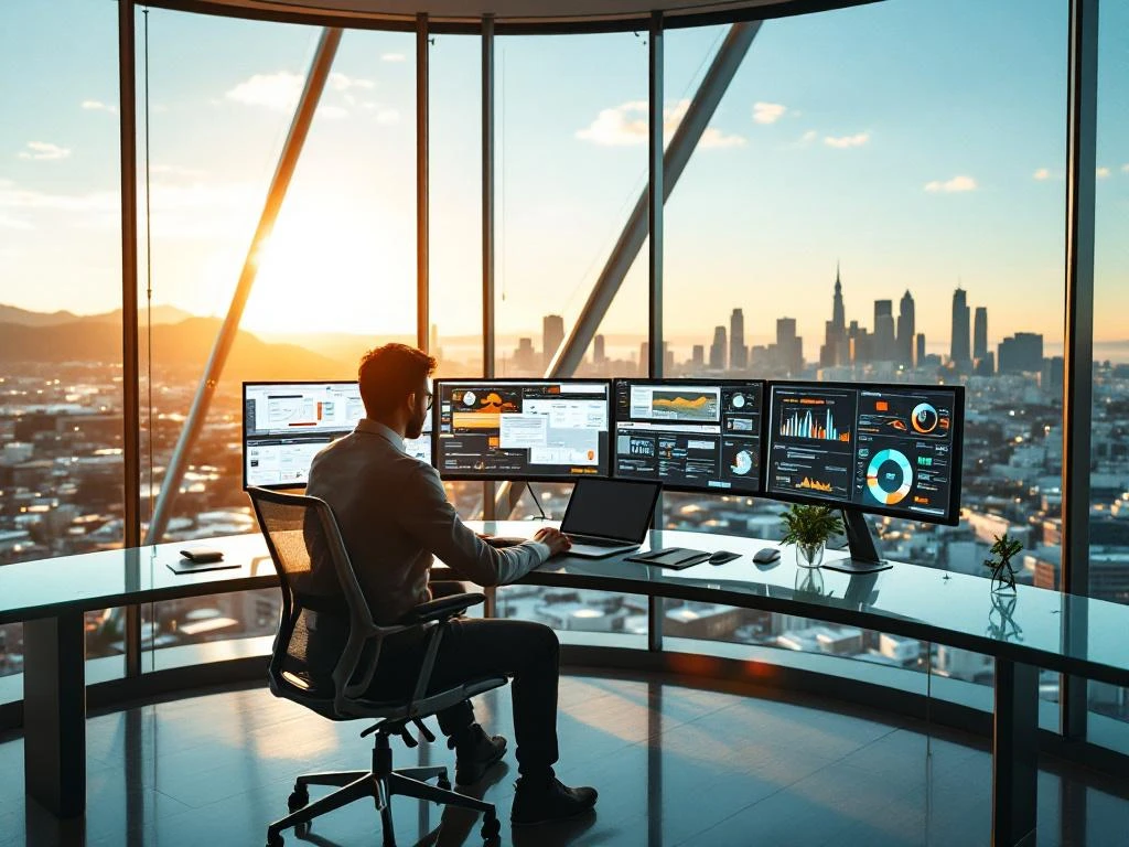 Cybersecurity analyst at modern workstation with multiple monitors displaying security dashboards, California cityscape visible through windows