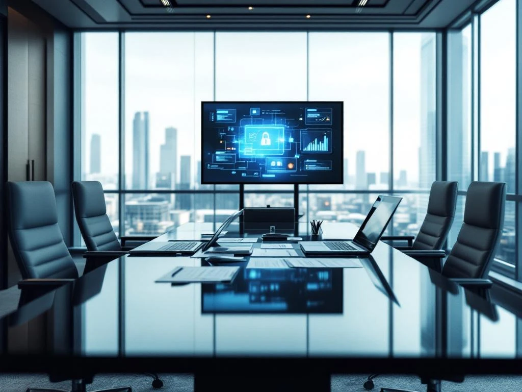 Modern conference room with cybersecurity dashboards on laptops, executive chairs, and city skyline view through windows.