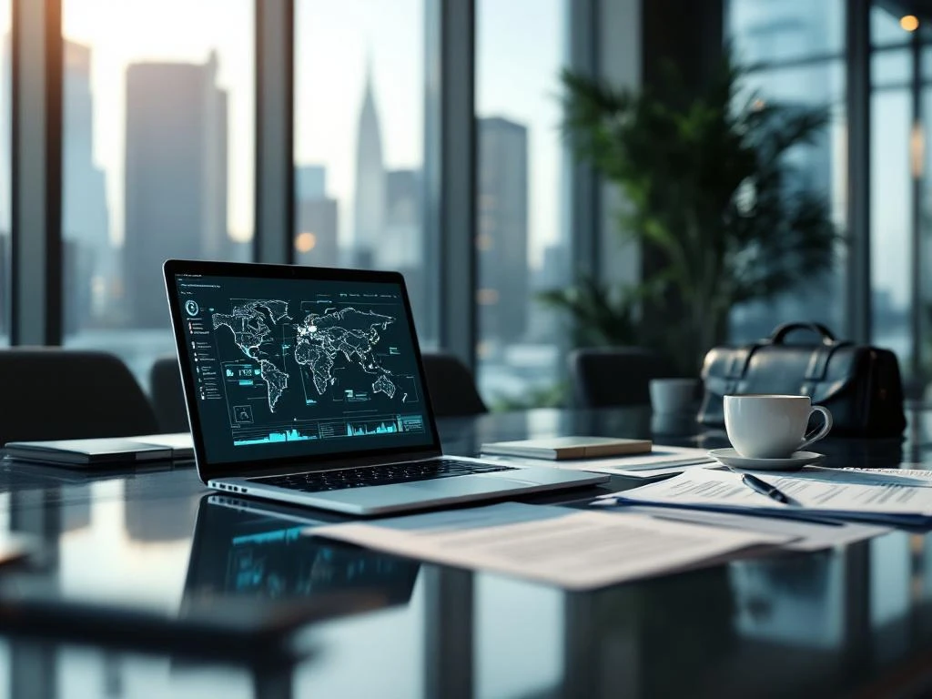 Laptop displaying cybersecurity network diagrams on modern conference table with legal contracts and city skyline background.
