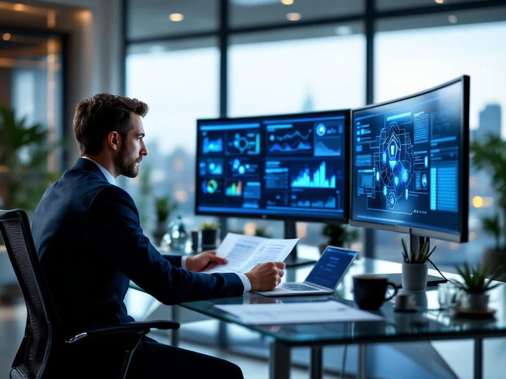 Professional cybersecurity consultant reviewing documents at modern office desk with multiple monitors displaying network data.
