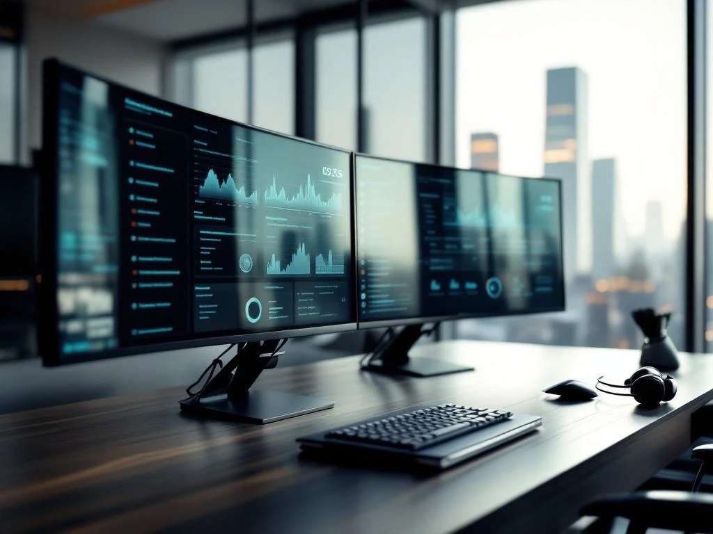 Modern office desk with multiple monitors displaying cybersecurity dashboards, executive chair, and city skyline view