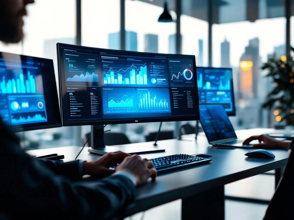 Professional typing on backlit keyboard while reviewing cybersecurity dashboards on multiple monitors in modern office.