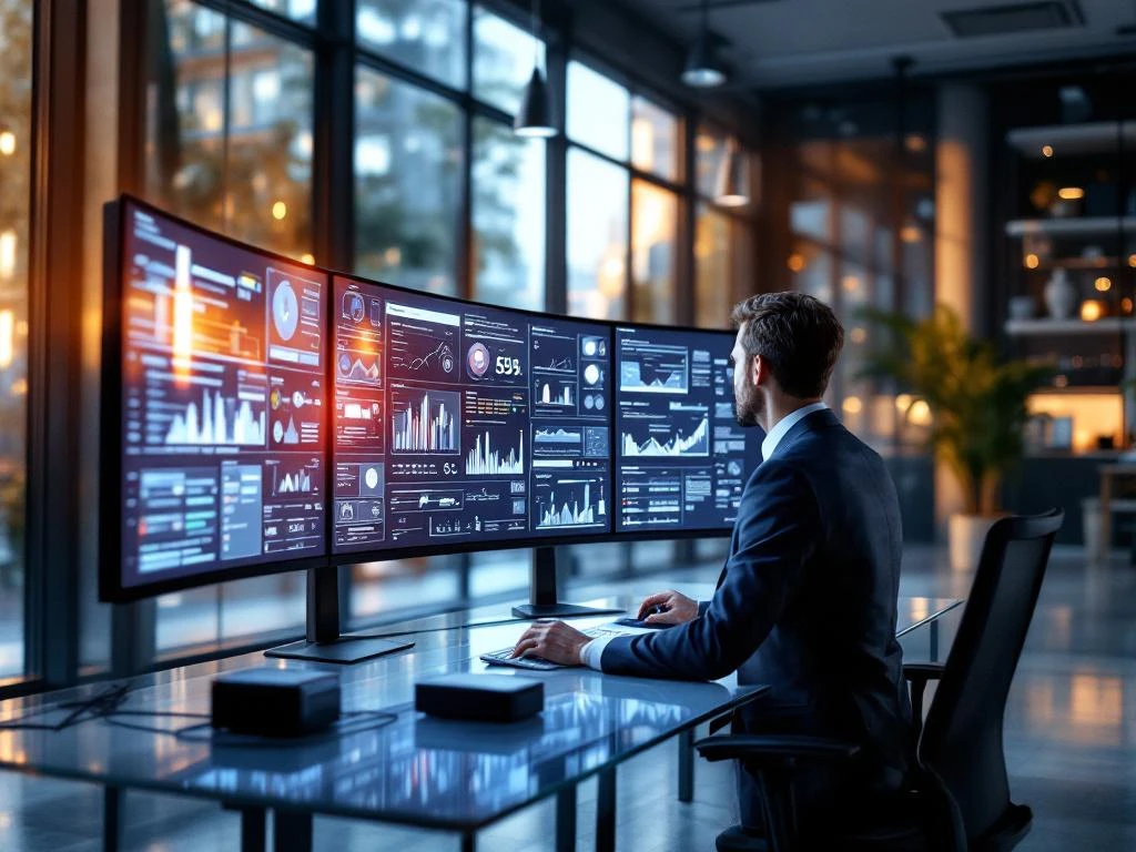 Business executive reviewing cybersecurity data on multiple monitors in modern office with natural lighting and glass desk