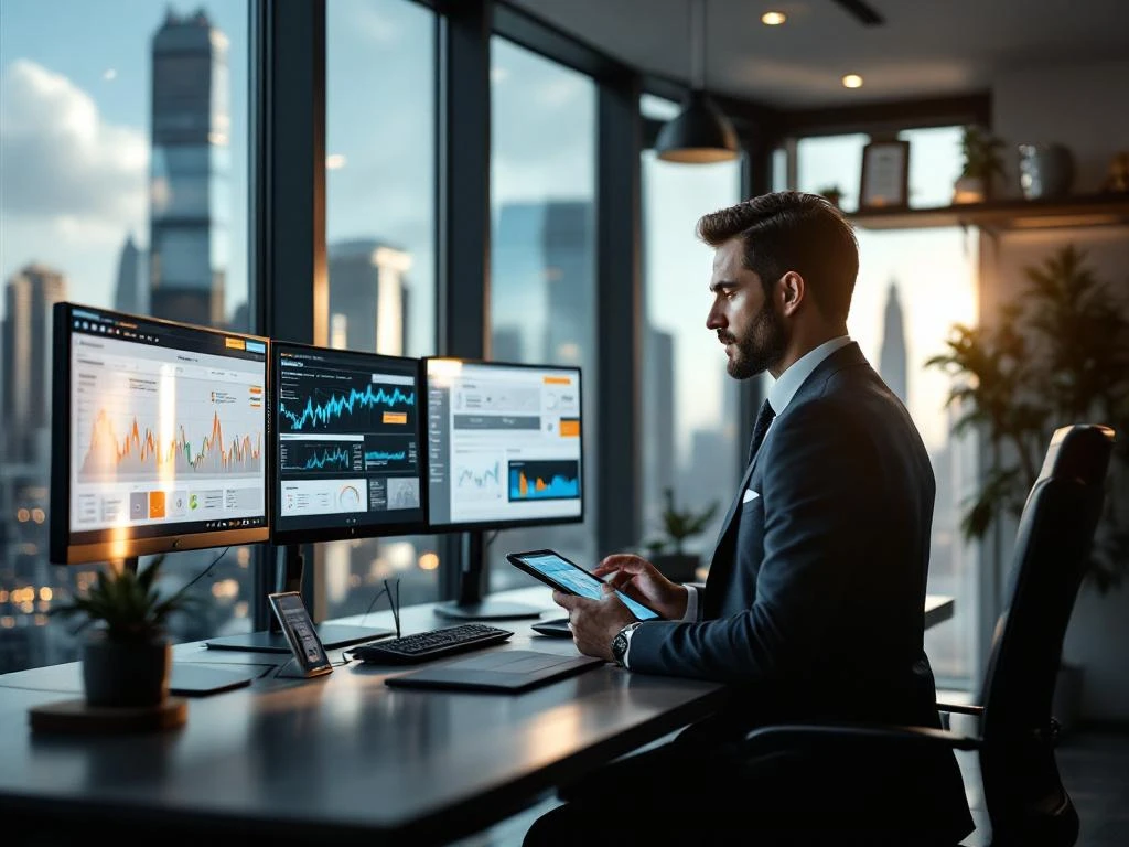 Businessman in suit reviewing cybersecurity data on tablet at modern office desk with multiple monitors and city views.