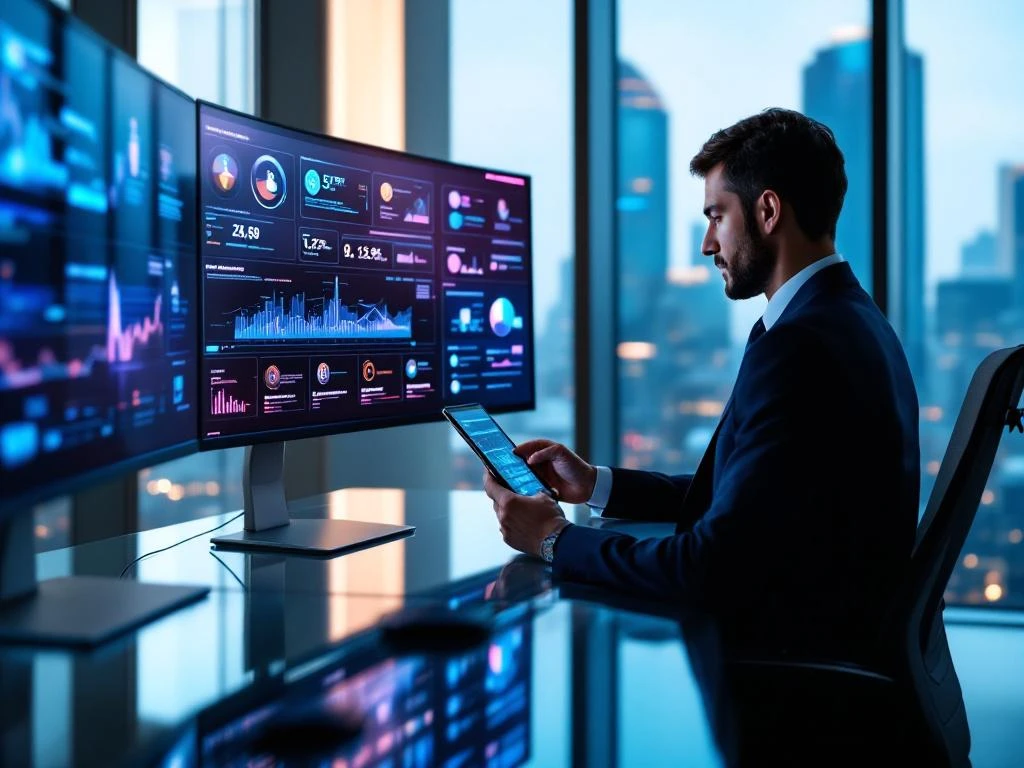 Business executive reviewing cybersecurity dashboard on tablet in modern office with multiple monitors and city skyline view.