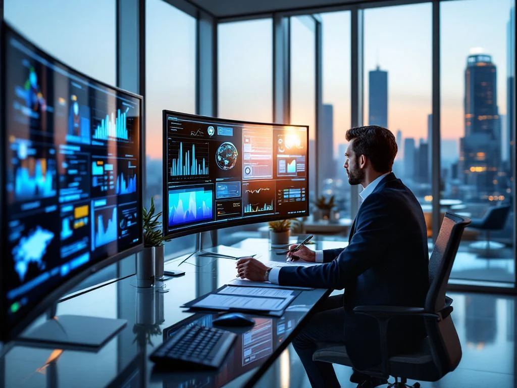 Business executive reviewing cybersecurity data on multiple curved monitors at modern glass desk office with city skyline view