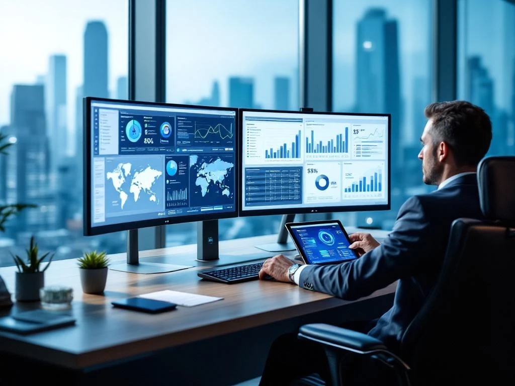 Executive reviewing candidate profiles on tablet at modern office desk with dual monitors displaying cybersecurity dashboards