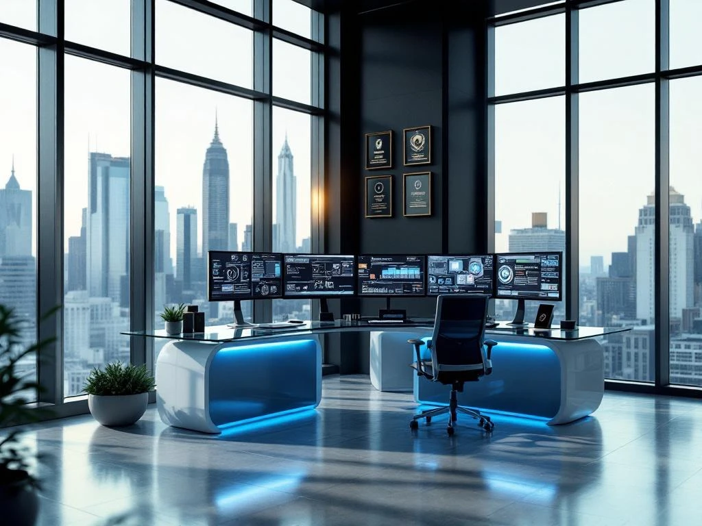 Modern office workspace with cybersecurity dashboards on monitors, executive chair, city skyline view, and LED lighting.