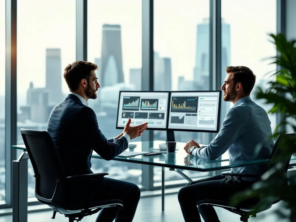 Cybersecurity professional interviewing candidate at modern glass desk with security monitors in bright office overlooking city