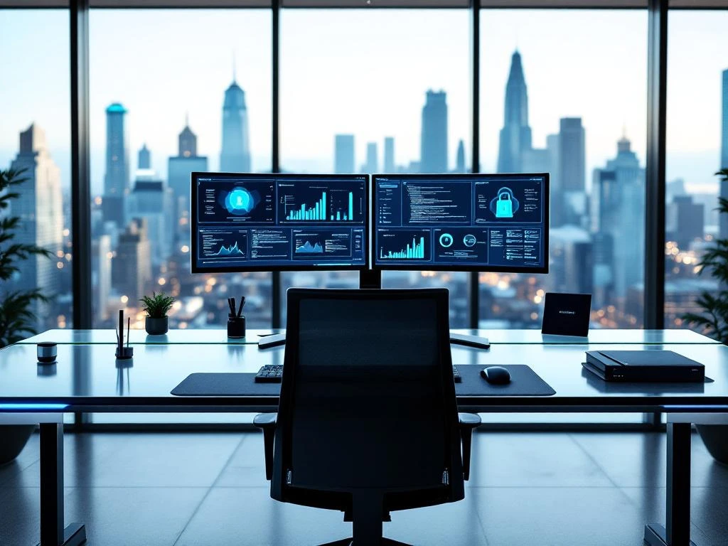 Modern office desk with dual curved monitors displaying cybersecurity dashboards, executive chair, city skyline view through windows.