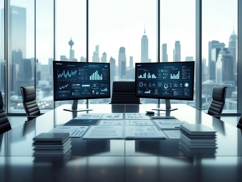 Modern office with dual monitors showing cybersecurity dashboards, IT reports on conference table, city skyline view.