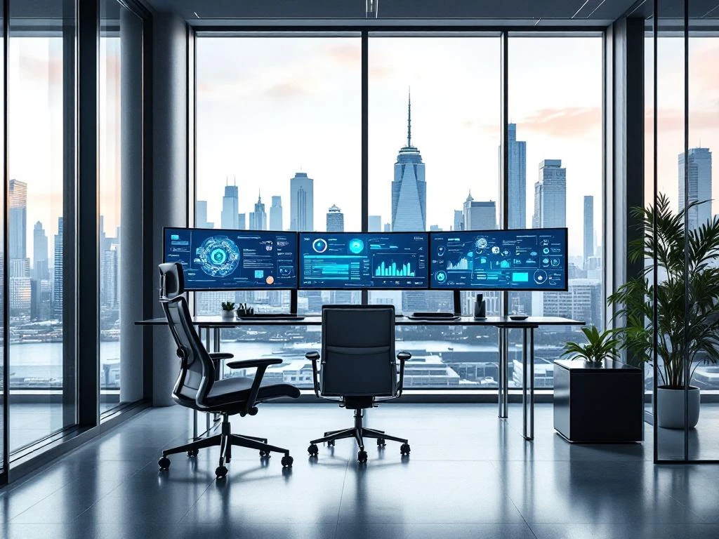 Modern office workspace with multiple monitors displaying cybersecurity data, ergonomic chair at glass desk, city skyline view