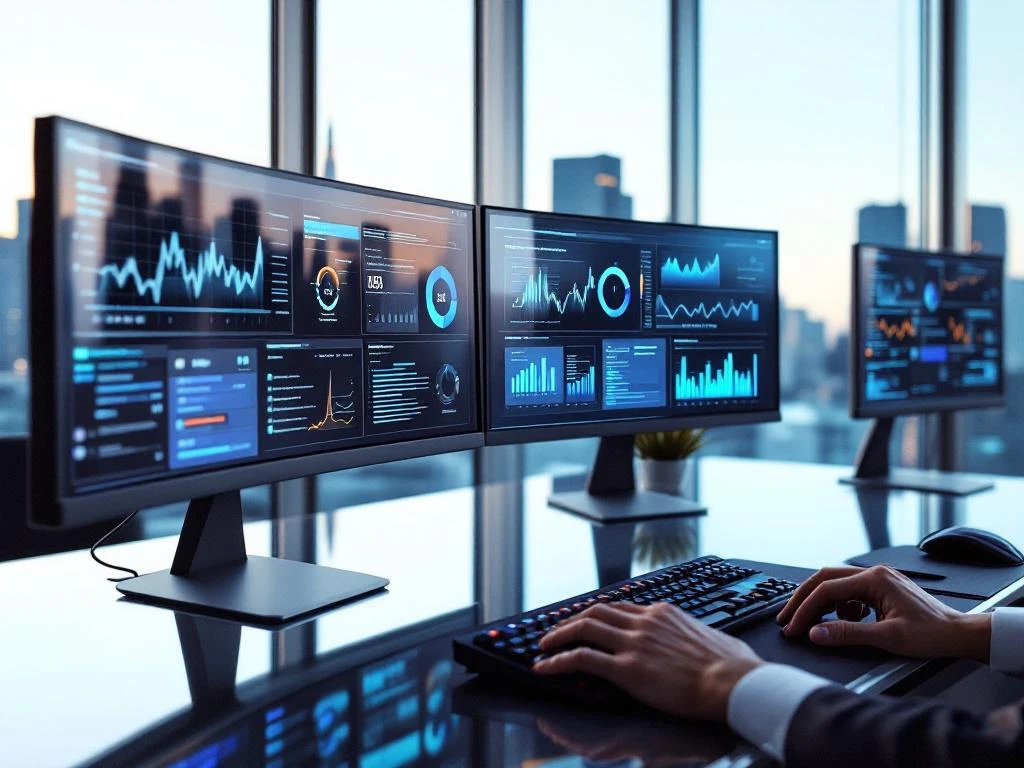 Professional typing on backlit keyboard at modern office desk with multiple cybersecurity monitors and city skyline view