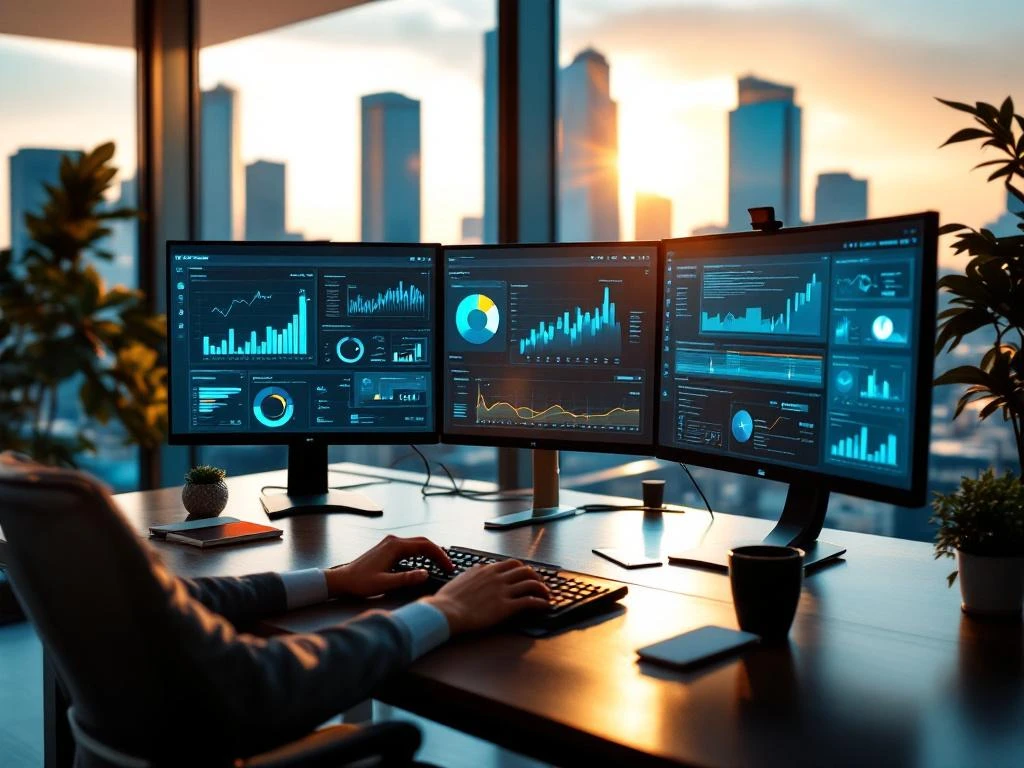 Professional working at cybersecurity dashboard on multiple monitors in modern office with city skyline view