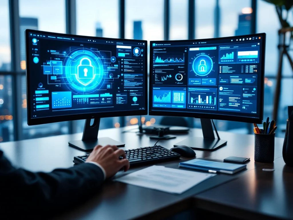 Cybersecurity professional working at modern desk with dual monitors, security certifications, and city view