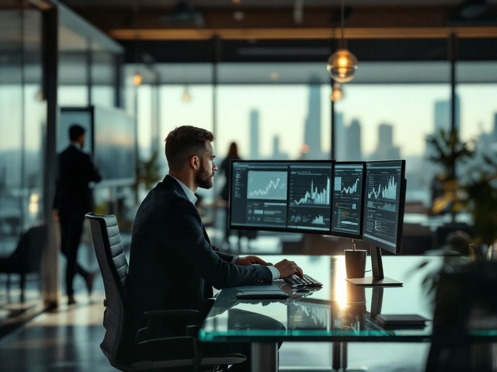 Cybersecurity professional analyzing security data on multiple monitors in modern Dallas office with city skyline view