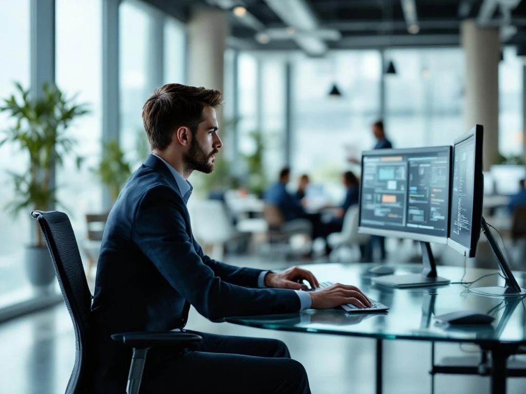 Cybersecurity professional analyzing digital forensics data on dual monitors in modern office with team collaborating