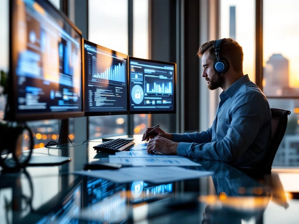 Cybersecurity professional reviewing identity access management documents at modern desk with network security monitors