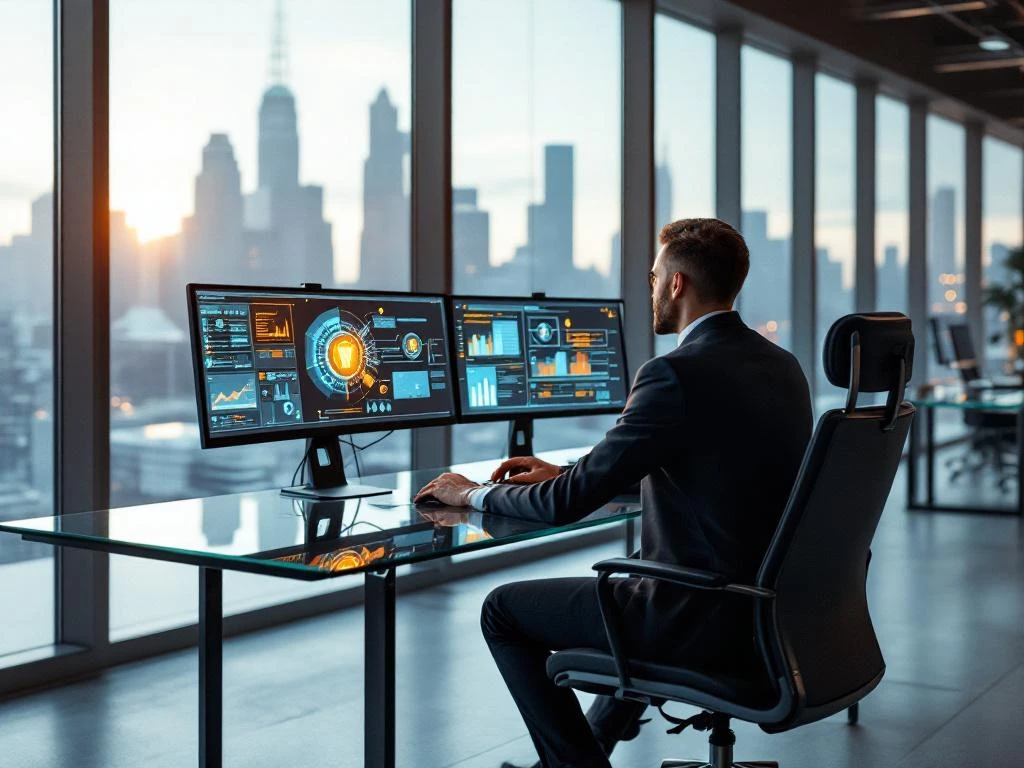 Cybersecurity professional analyzing network security dashboards on dual monitors at modern glass desk with city skyline view