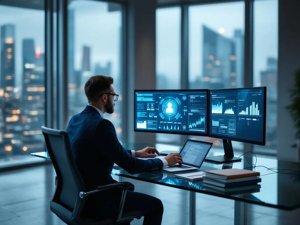 Cybersecurity professional reviewing litigation documents on multiple monitors at modern glass desk in minimalist office