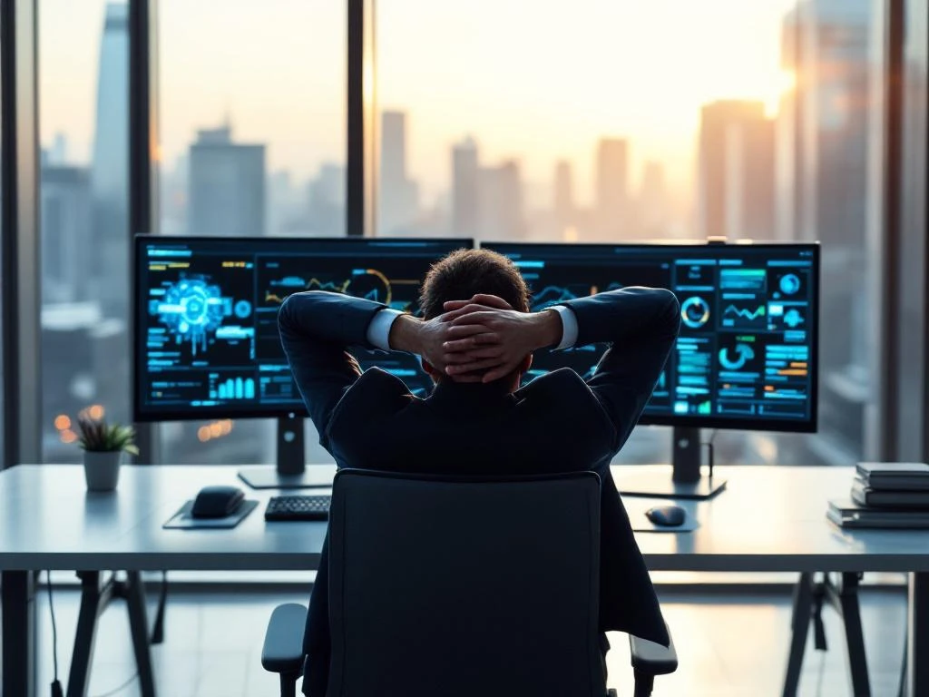 Professional in suit contemplating cybersecurity data on dual monitors at modern office desk with city skyline view.