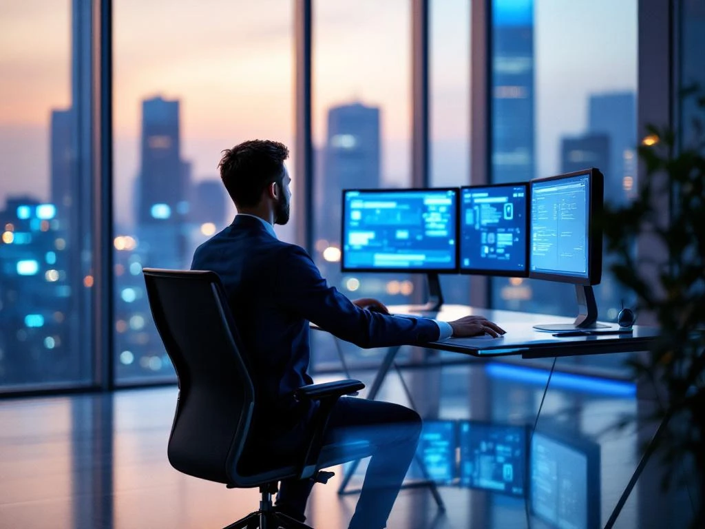 Cybersecurity professional analyzing digital documents on multiple monitors in modern office with city skyline view