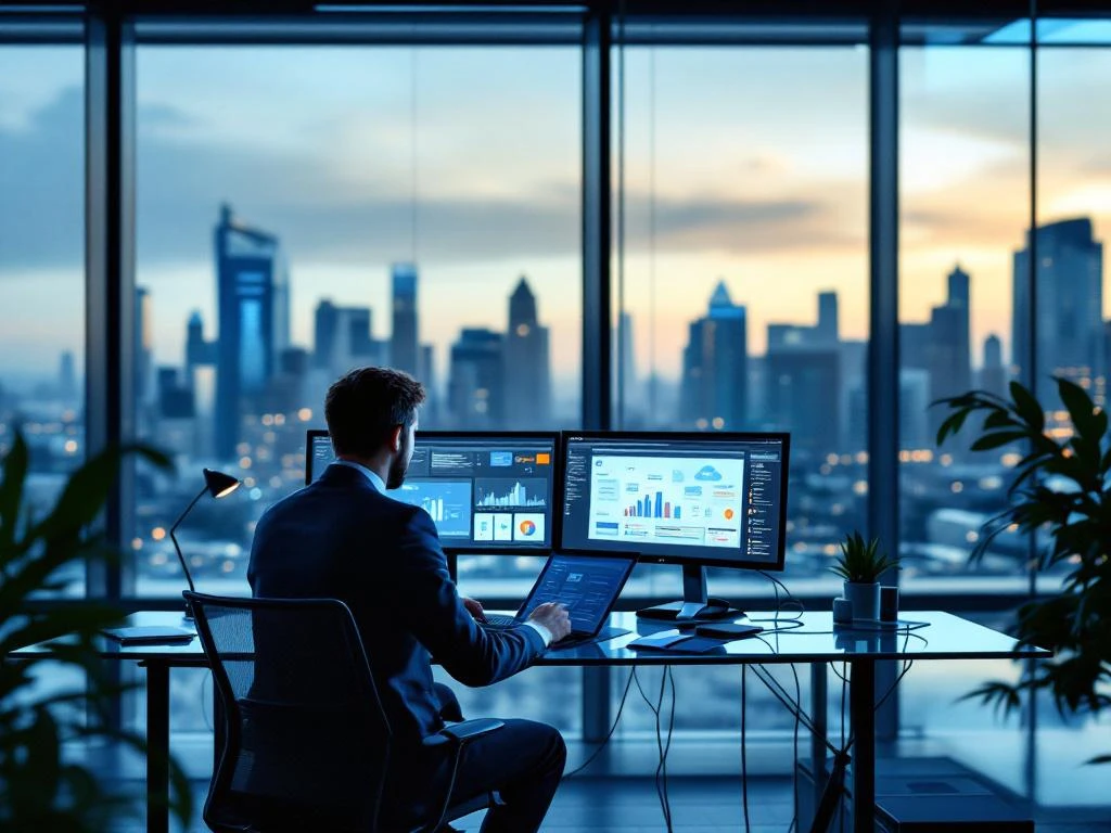 Cybersecurity professional at modern office desk with multiple monitors displaying network security dashboards and city view