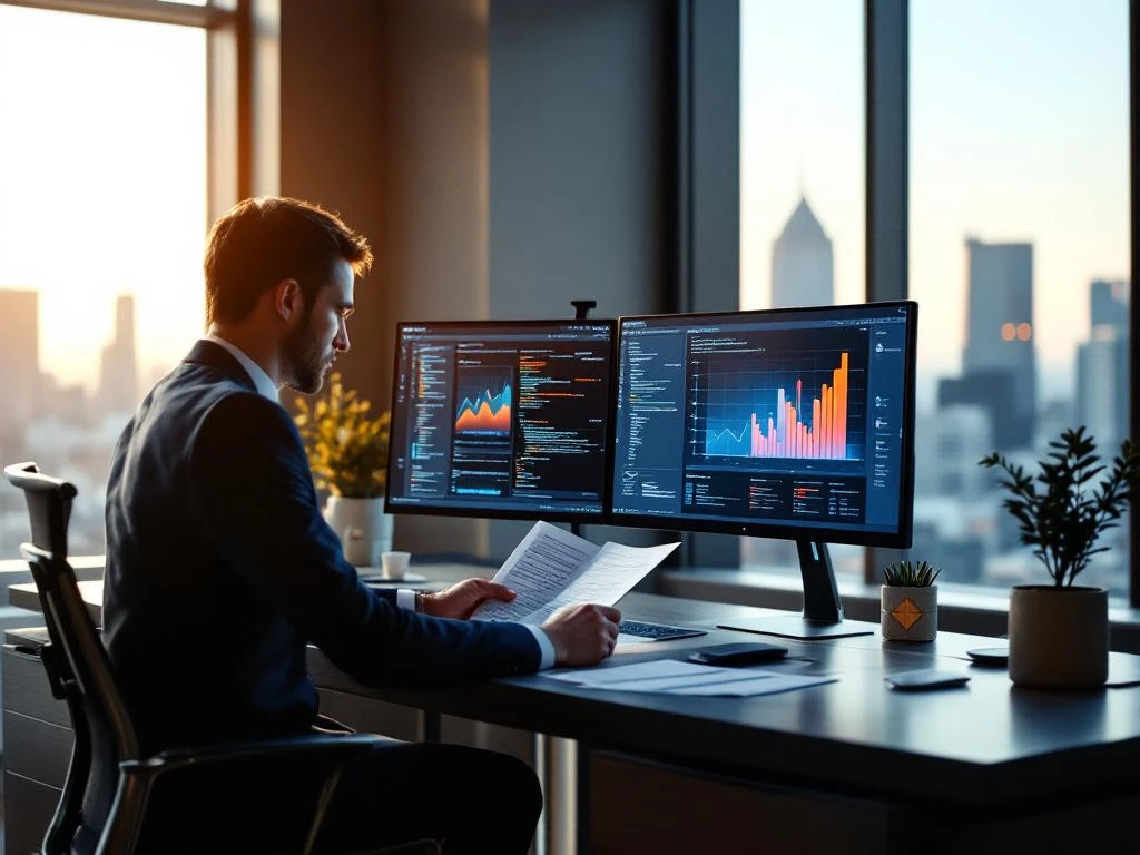 Professional in business suit reviewing cybersecurity documents at modern desk with dual monitors showing security dashboards