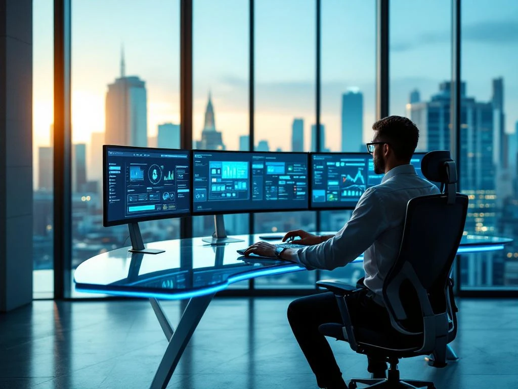 Cybersecurity professional at modern workstation with multiple monitors displaying security dashboards in bright office.