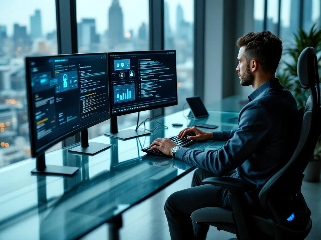 Cybersecurity professional at glass desk reviewing security protocols on multiple monitors in modern office with city view.