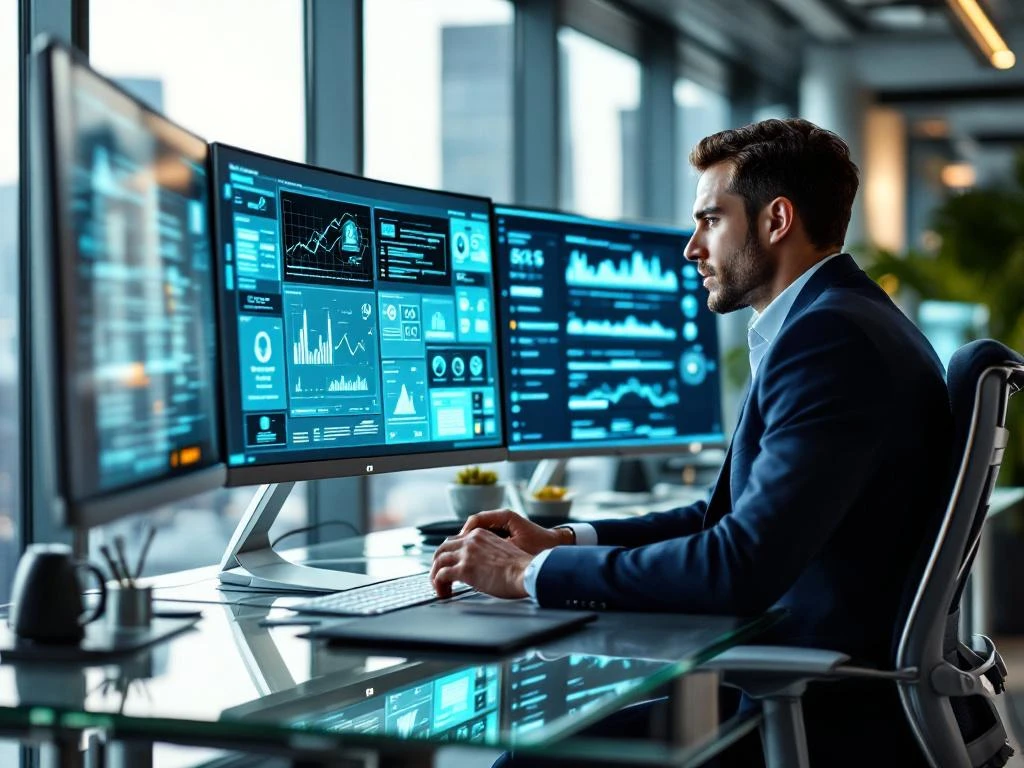 Professional in navy suit analyzing cybersecurity data on multiple monitors in modern Boston office with city skyline view.