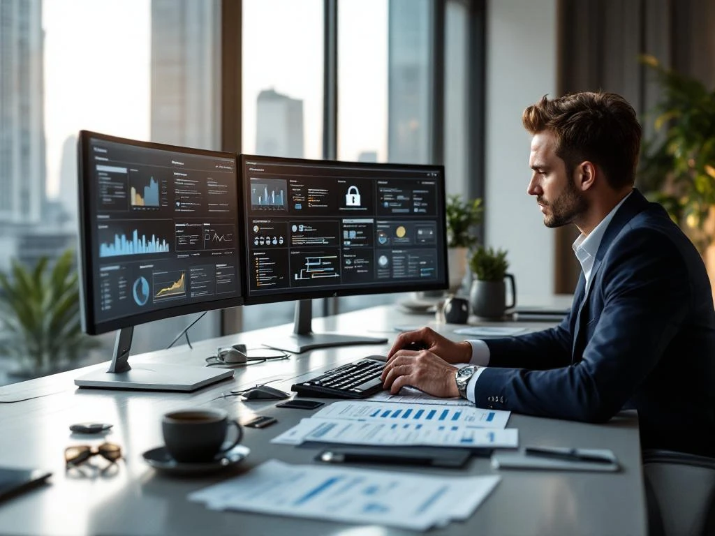Professional reviewing cybersecurity documentation at modern office desk with dual monitors displaying network security dashboards