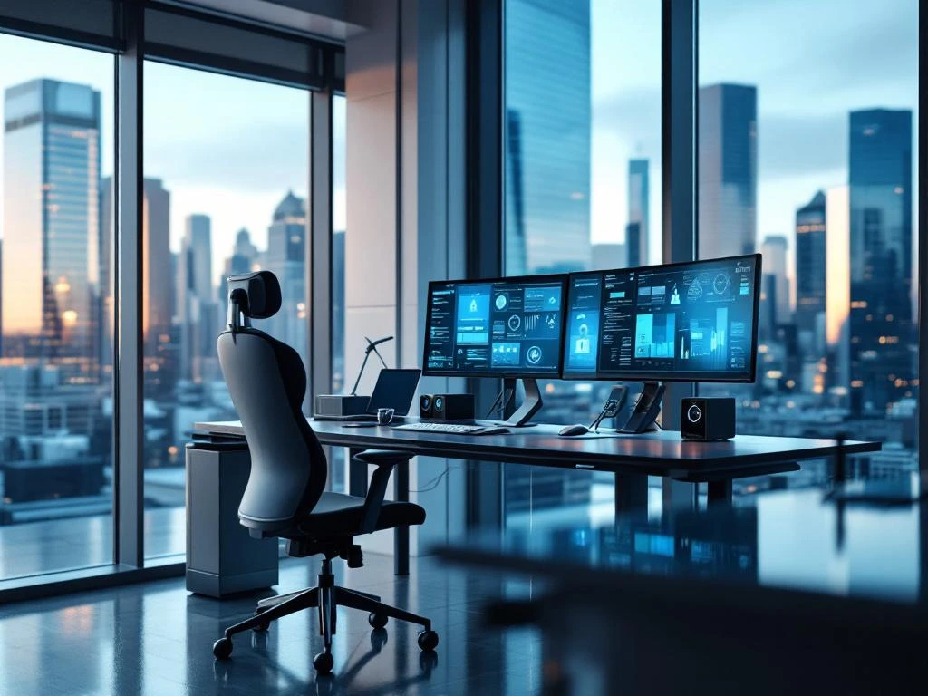 Cybersecurity professional's desk with multiple monitors displaying security dashboards, forensic tools, and city skyline view.