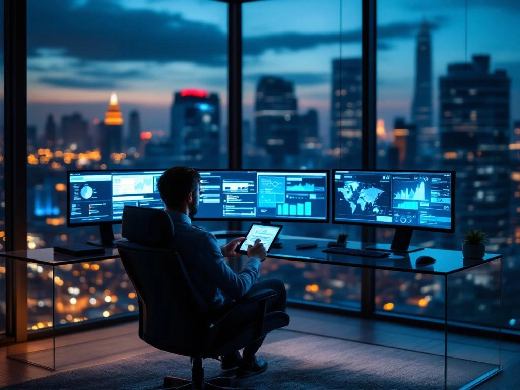 Cybersecurity professional reviewing threat intelligence on tablet at modern office desk with multiple security monitors