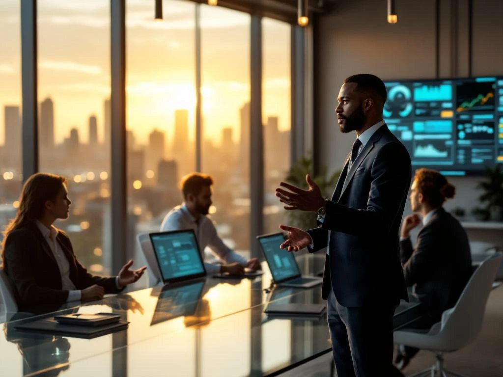 Cybersecurity professional presenting network security data to colleagues in modern conference room with city skyline view.