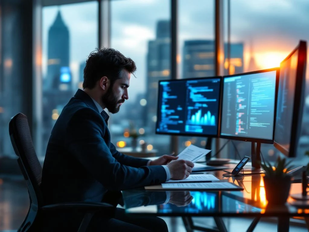 Cybersecurity professional reviewing candidate resumes at modern office desk with multiple monitors displaying code and dashboards