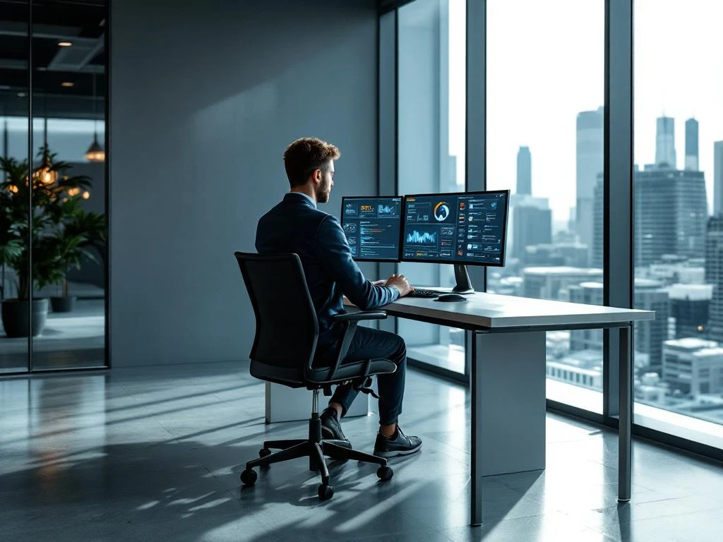 Cybersecurity professional at standing desk with multiple monitors showing security dashboards in modern office