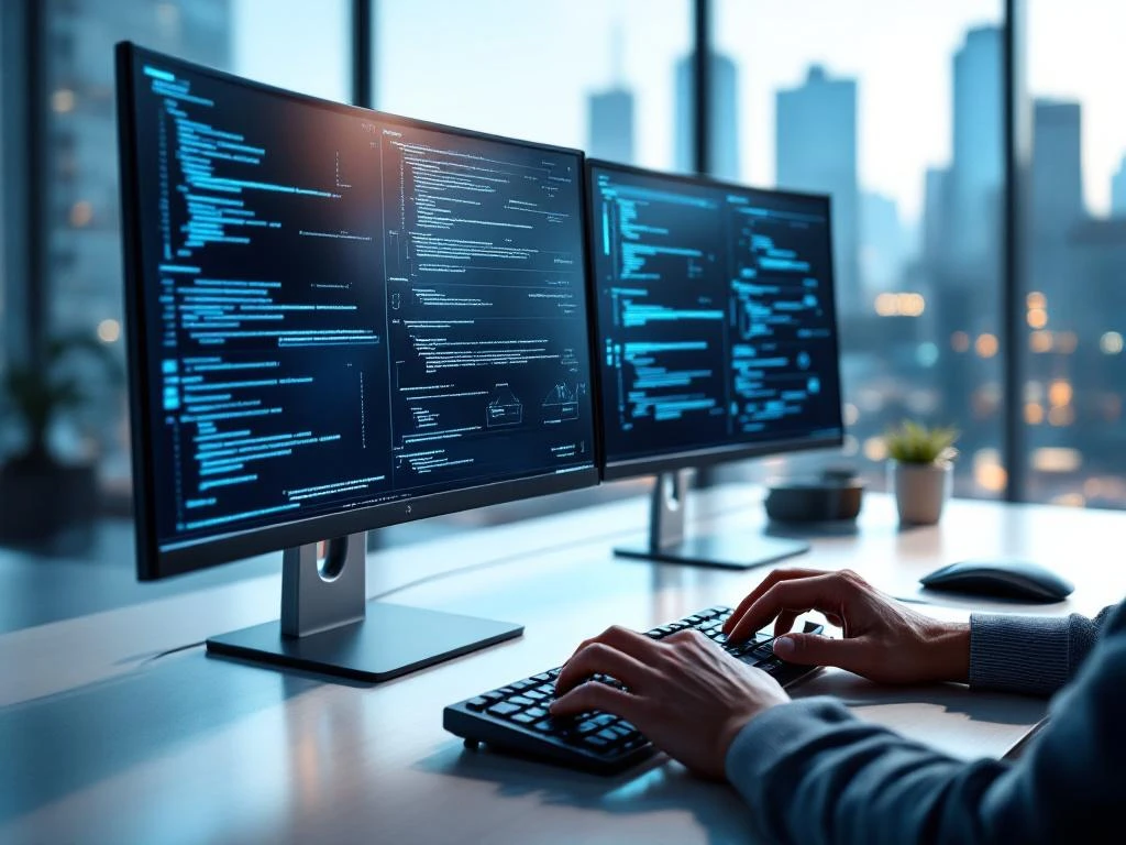 Professional typing on mechanical keyboard at modern office desk with dual monitors displaying cybersecurity code and network diagrams.