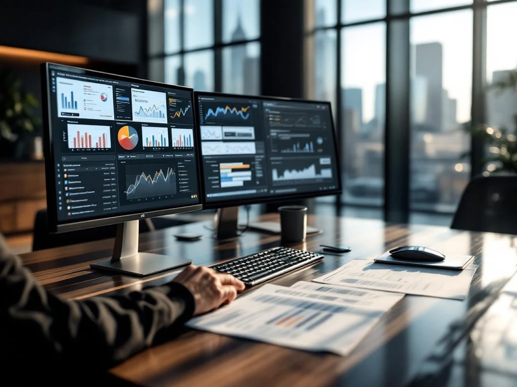 Professional reviewing cybersecurity vendor assessment documents at modern office desk with dual monitors and city view.