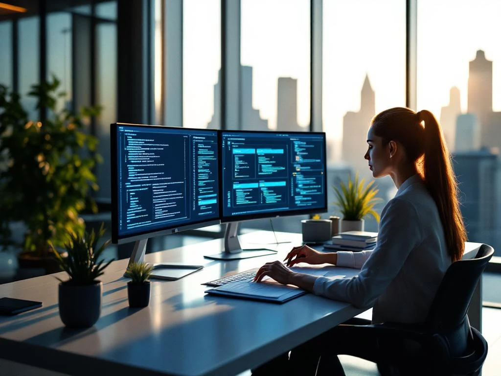 Professional woman reviewing legal documents at modern cybersecurity workstation with dual monitors and city skyline view.