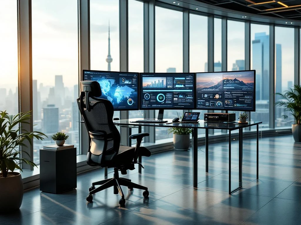 Cybersecurity professional's modern workspace with multiple monitors displaying security dashboards and data analytics