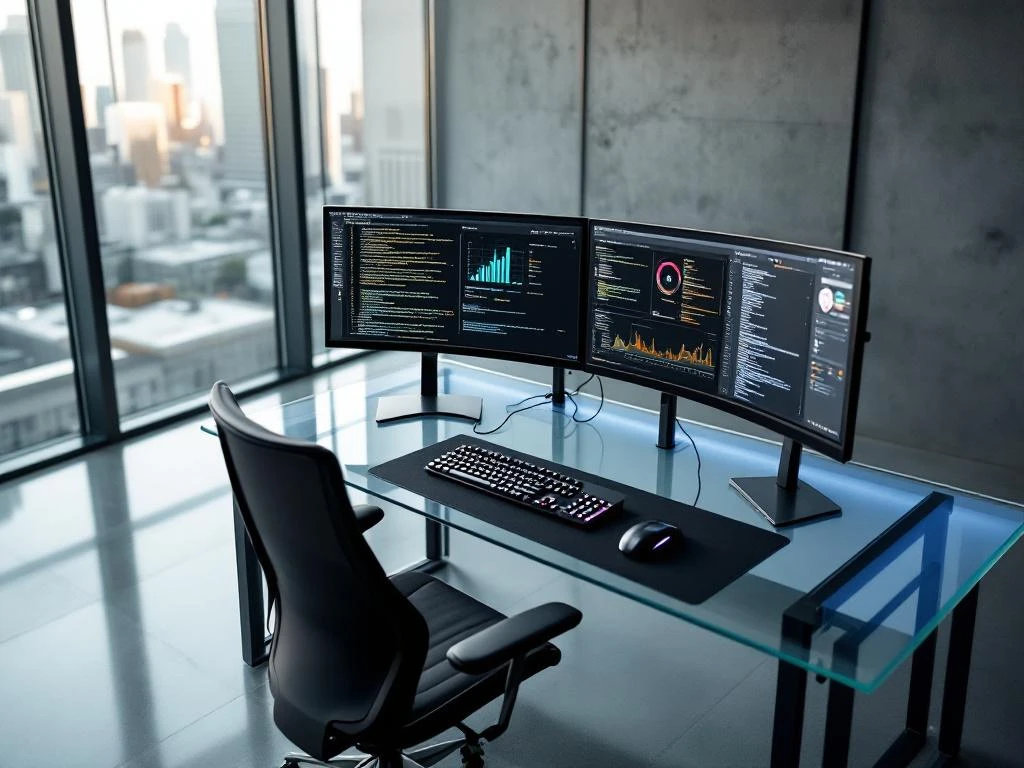 Cybersecurity professional's workspace with multiple monitors displaying security dashboards, ergonomic chair at glass desk, city view