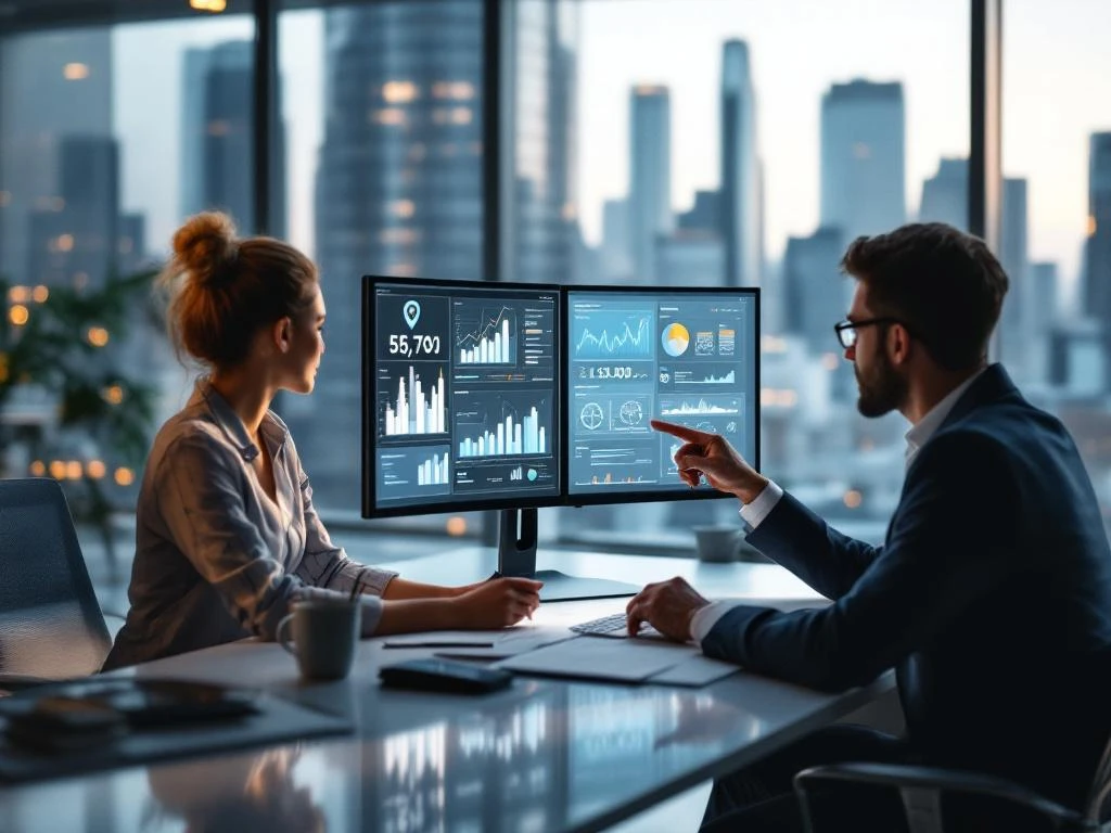 Two cybersecurity professionals collaborating at modern office desk with dual monitors displaying network dashboards and data analytics.