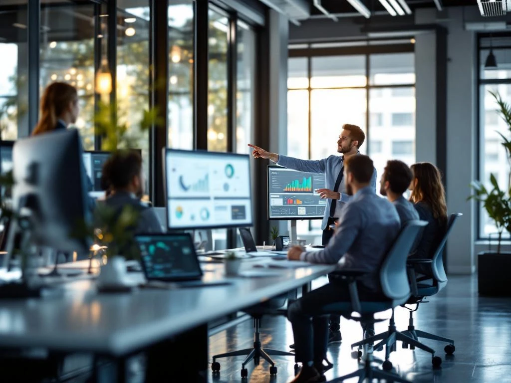 Team leader presenting cybersecurity data analytics to colleagues in modern office with multiple monitors and natural lighting.