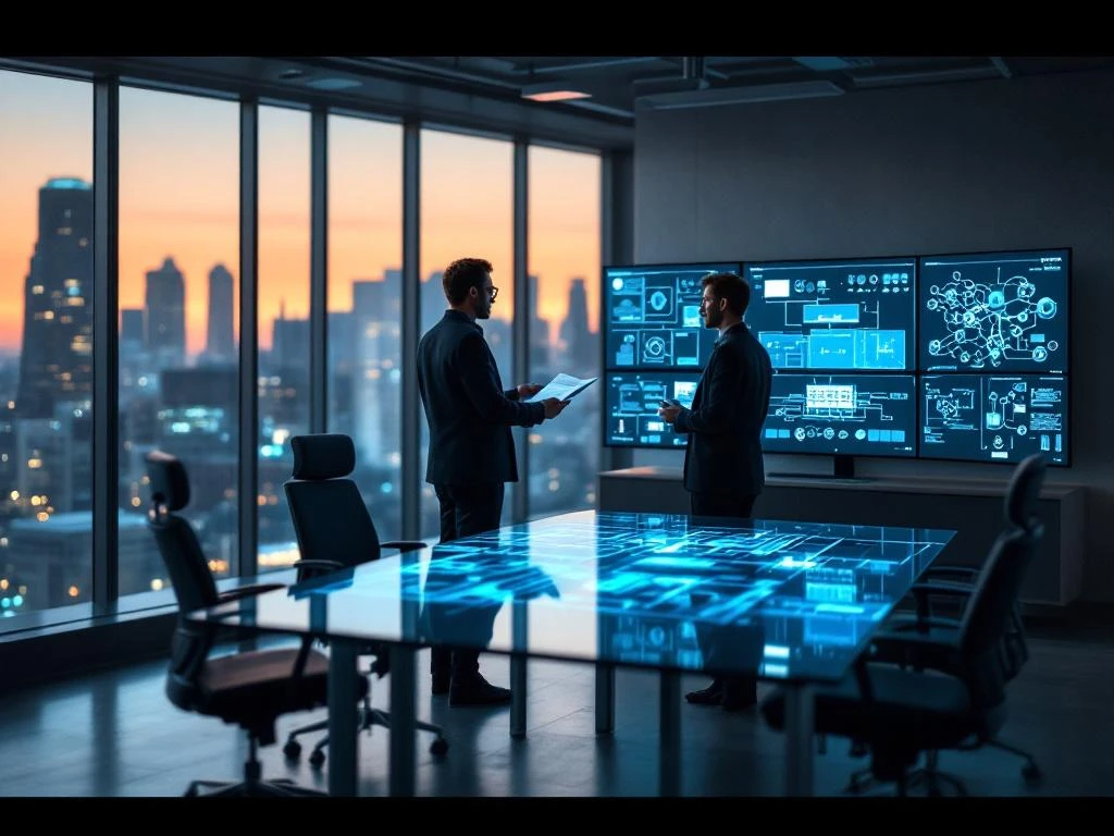 Engineering team leader reviewing architectural blueprints at glass conference table in modern office with city skyline view.