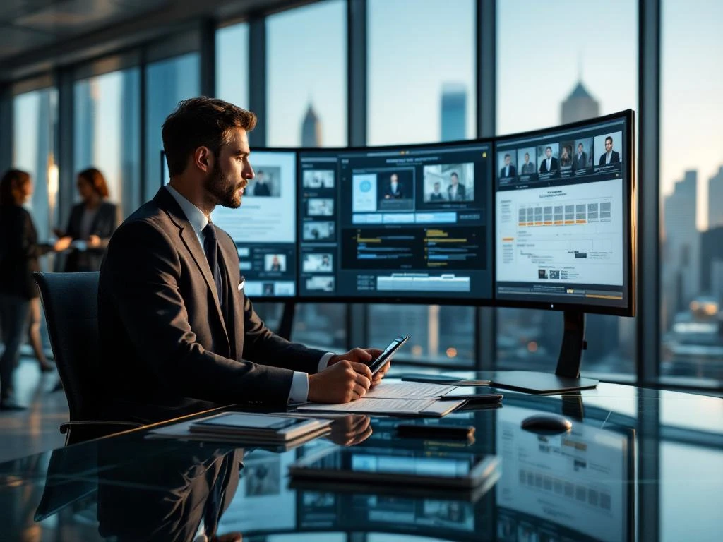 Professional lawyer reviewing legal documents on multiple monitors in modern office with city skyline view.