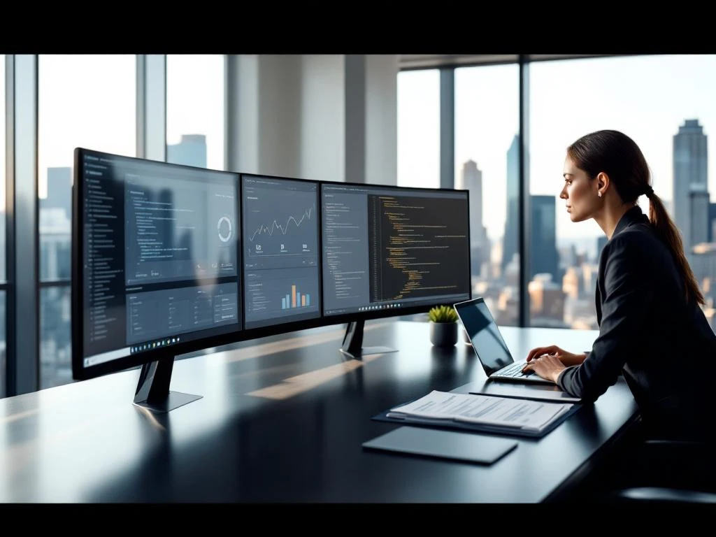 Professional woman reviewing code on dual monitors displaying analytics dashboards in modern office with city skyline view.