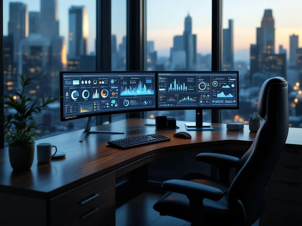 Modern office corner desk with dual monitors displaying cybersecurity dashboards, executive leather chair, city skyline view
