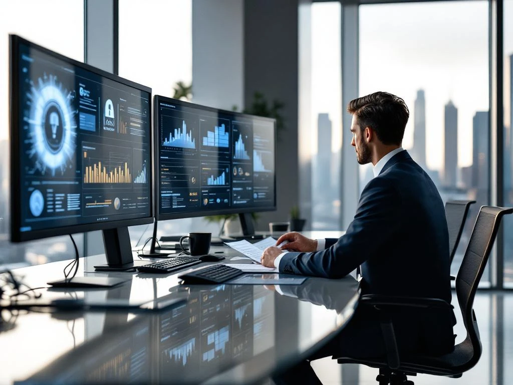 Professional executive reviewing documents at modern office desk with multiple computer monitors displaying security dashboards